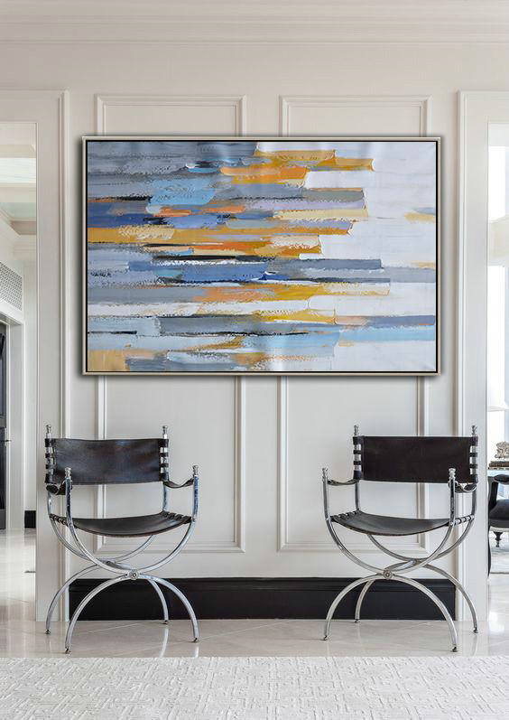 Hand Made Abstract Art,Oversized Horizontal Contemporary Art,Large Contemporary Painting,White,Grey,Blue,Yellow.etc